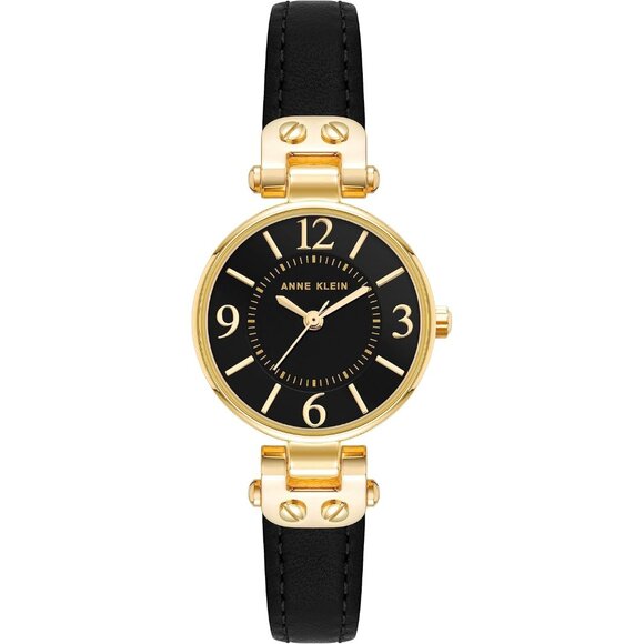 Women's Black/Gold Domed Mineral Crystal Lens Leather Strap Closure Watch